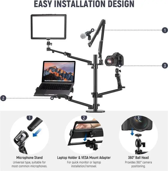 Alt view image 2 of 7 - Overhead Camera Stand Desk Mount Rig with 4 Boom Arms for Photography Video Light Ring Light Phone Mount Webcam Mic Compact DSLR for Live Streaming Broadcast Online Teaching Meeting