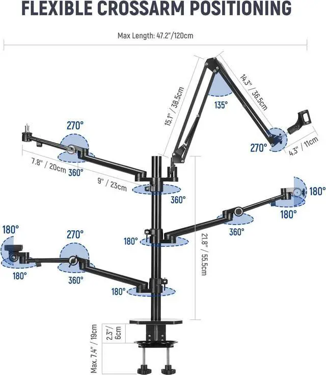 Alt view image 3 of 7 - Overhead Camera Stand Desk Mount Rig with 4 Boom Arms for Photography Video Light Ring Light Phone Mount Webcam Mic Compact DSLR for Live Streaming Broadcast Online Teaching Meeting