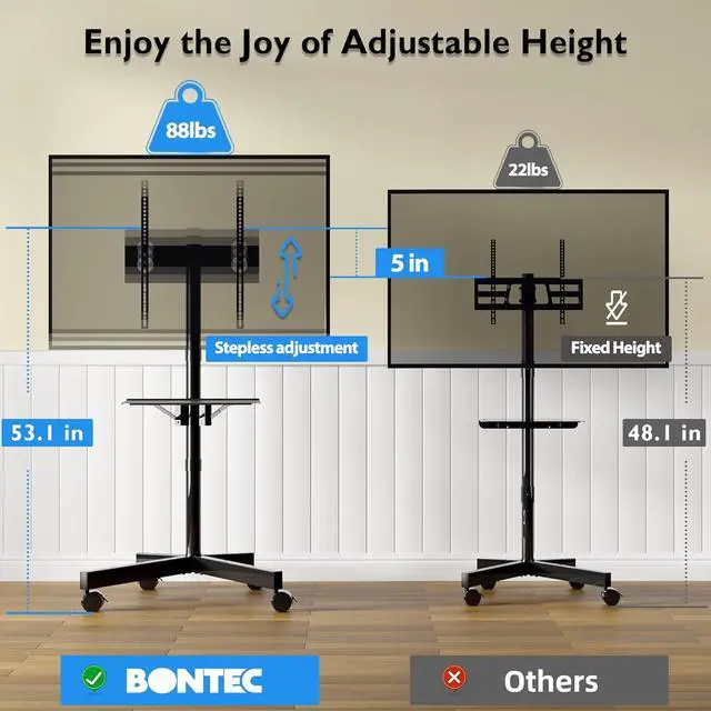 Alt view image 2 of 7 - Mobile TV Cart for 23-60 Inch LED LCD Flat Curved Screens TVs, Rolling TV Stand with Locking Wheels Holds Up to 88lbs, Height Adjustable Portable Floor Stand with Media Shelf Tray, Max VESA 400x400mm