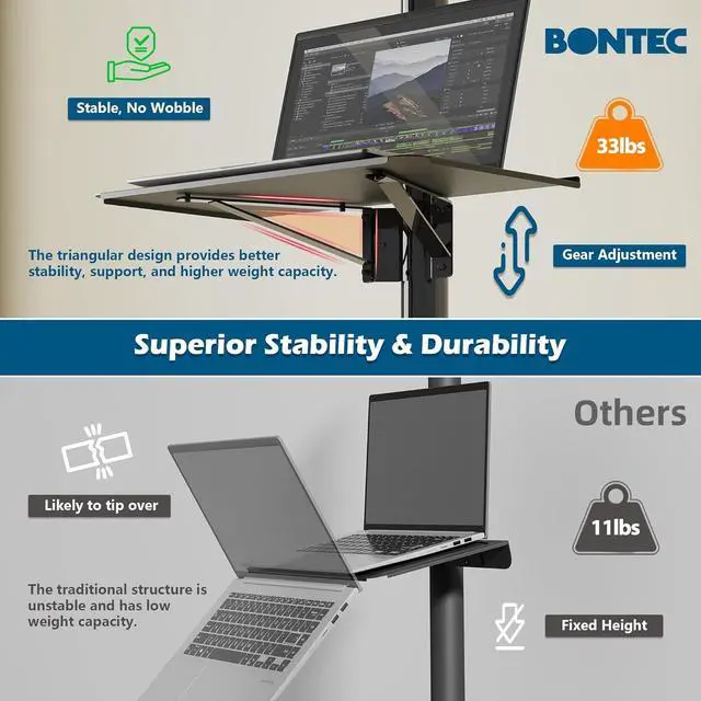 Alt view image 3 of 7 - Mobile TV Cart for 23-60 Inch LED LCD Flat Curved Screens TVs, Rolling TV Stand with Locking Wheels Holds Up to 88lbs, Height Adjustable Portable Floor Stand with Media Shelf Tray, Max VESA 400x400mm