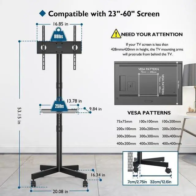 Alt view image 7 of 7 - Mobile TV Cart for 23-60 Inch LED LCD Flat Curved Screens TVs, Rolling TV Stand with Locking Wheels Holds Up to 88lbs, Height Adjustable Portable Floor Stand with Media Shelf Tray, Max VESA 400x400mm