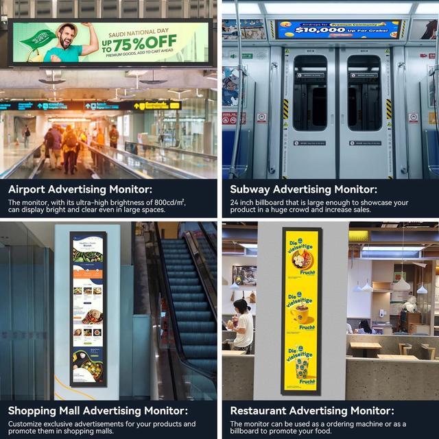 Alt view image 6 of 6 - 24" Ultra-Wide Bar LCD Monitor FHD1920x380 Industrial Computer Monitor Built-in Dual Speaker Secondary Screen Dual HDMI & DP Port, Advertising Display for Subway Malls Restaurant Digital Signage VESA
