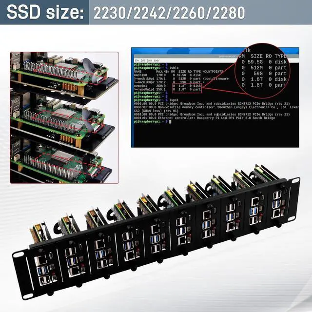 Alt view image 5 of 7 - 19 inch 2U Rack Mount for Raspberry Pi 5, with 10PCS PCIe to M.2 NVMe SSD Adapters, Compatible with 19 inch Server Rack