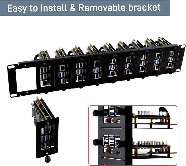 Alt view image 2 of 7 - 19 inch 2U Rack Mount for Raspberry Pi 5, with 10PCS PCIe to M.2 NVMe SSD Adapters, Compatible with 19 inch Server Rack