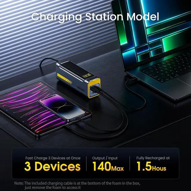 Alt view image 3 of 7 - 140W PD3.1 Laptop Power Bank 40000mAh Fast Charging Station, The Future Starship 2 in 1 Camping Large Portable Charger for MacBook Pro/Air, iPad Pro, iPhone 16 Pro Max,Galaxy,Steam Deck, Grey