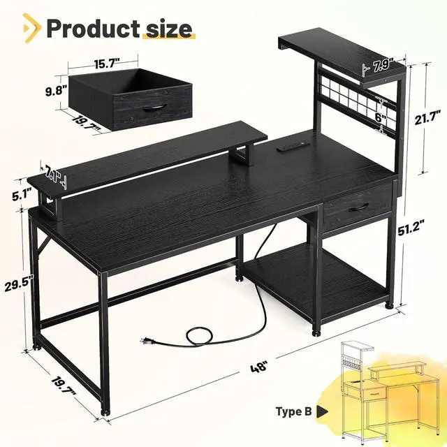 Alt view image 2 of 7 - 48" Computer Desk with Drawer and Shelves, Gaming Desk with LED Lights and Monitor Stand, Home Office Desks with Power Outlets for Living Room, Black