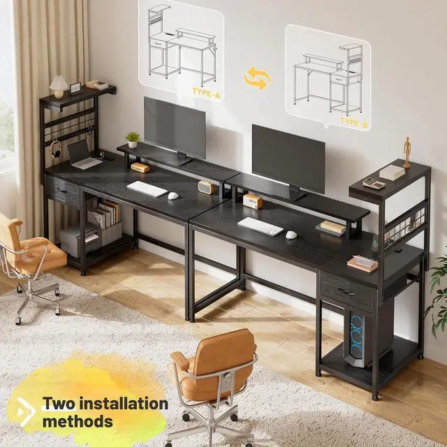 Alt view image 7 of 7 - 48" Computer Desk with Drawer and Shelves, Gaming Desk with LED Lights and Monitor Stand, Home Office Desks with Power Outlets for Living Room, Black