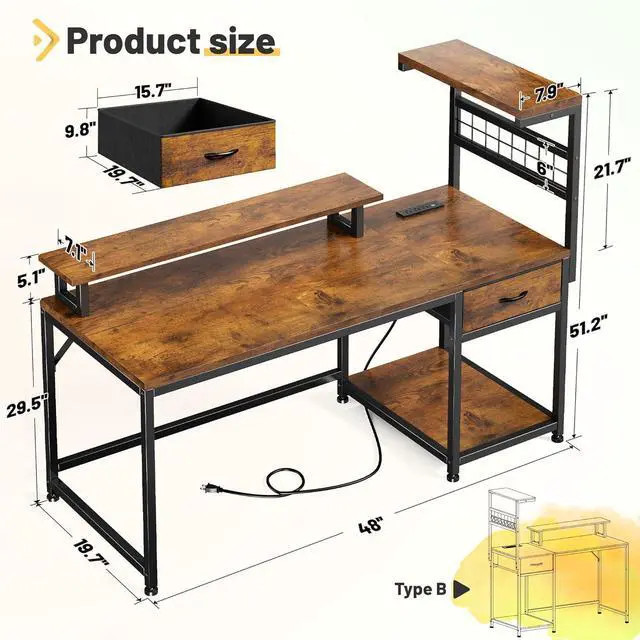 Alt view image 2 of 7 - 48" Computer Desk with Drawer and Shelves, Gaming Desk with LED Lights and Monitor Stand, Home Office Desks with Power Outlets for Living Room, Rustic Brown