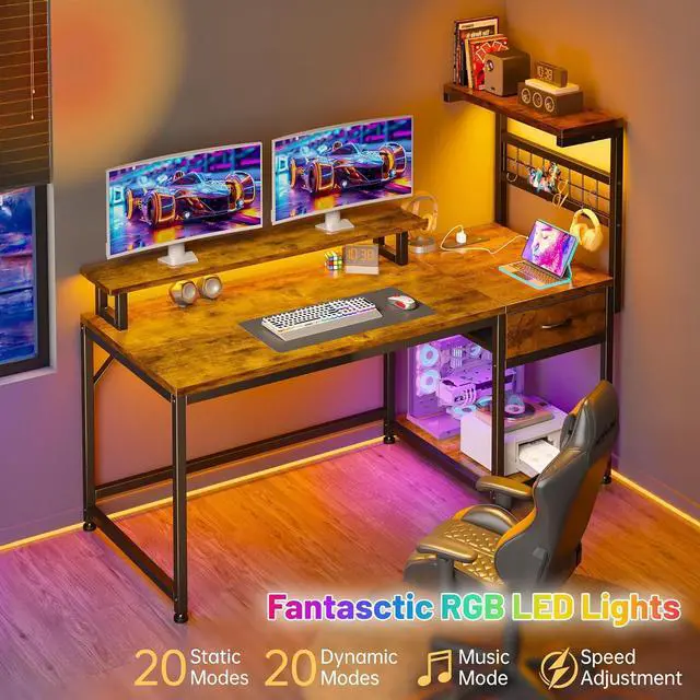 Alt view image 4 of 7 - 48" Computer Desk with Drawer and Shelves, Gaming Desk with LED Lights and Monitor Stand, Home Office Desks with Power Outlets for Living Room, Rustic Brown