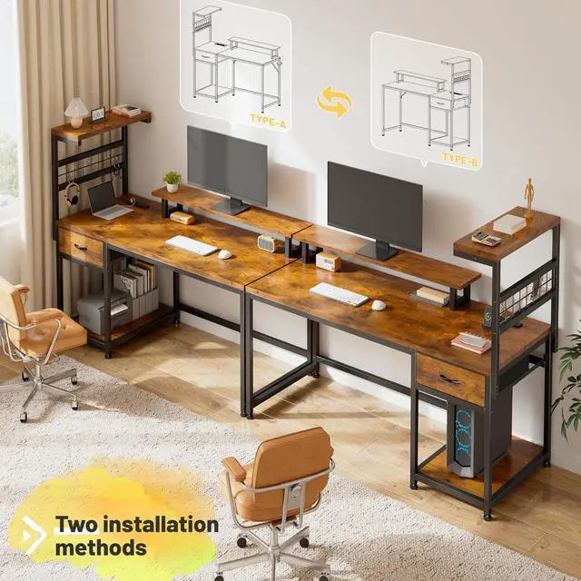 Alt view image 7 of 7 - 48" Computer Desk with Drawer and Shelves, Gaming Desk with LED Lights and Monitor Stand, Home Office Desks with Power Outlets for Living Room, Rustic Brown