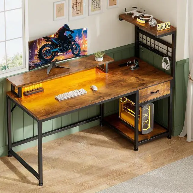 Main image of 48" Computer Desk with Drawer and Shelves, Gaming Desk with LED Lights and Monitor Stand, Home Office Desks with Power Outlets for Living Room, Rustic Brown