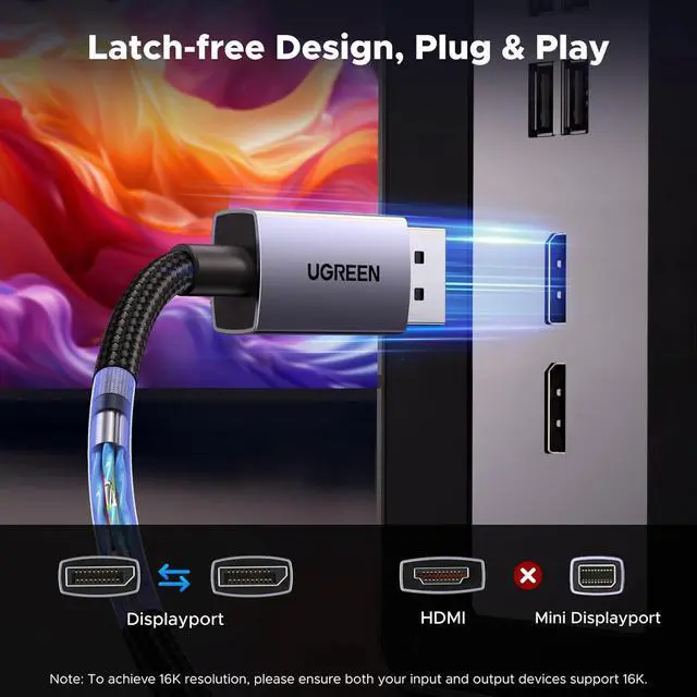 Alt view image 7 of 7 - UGREEN 80Gbps DisplayPort Cable 2.1 16K@60Hz 8K@240Hz 4K@480Hz Display Port Cable 6.6FT DP Cord HDR, HDCP2.3, DSC1.2a, FreeSync, G-Sync, Alu Braid Compatible Monitor, Graphics RTX 5090 4090, PC, HDTV