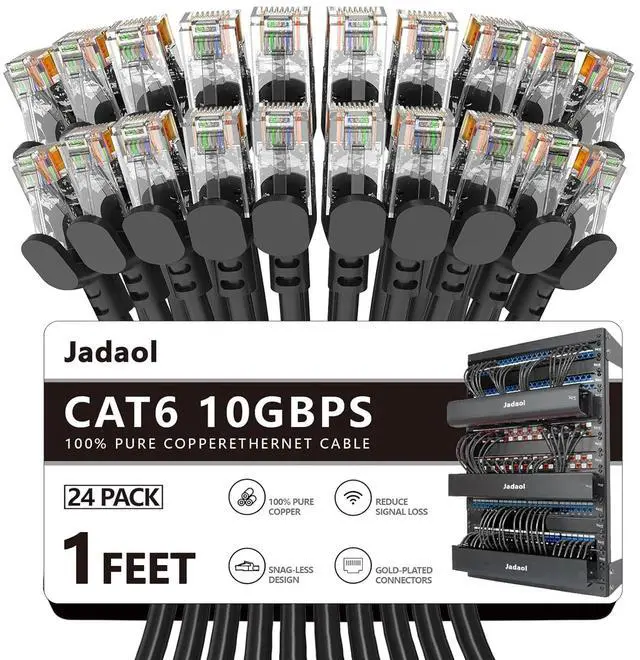 Main image of Cat6 Ethernet Cable 1 ft 24Pack, Outdoor&Indoor, 10Gbps Support Cat8/7 Network, 24AWG Pure Copper Patch LAN Cord, Direct Burial Waterproof UV Resistant for Router, Modem, Switch, Server, Black