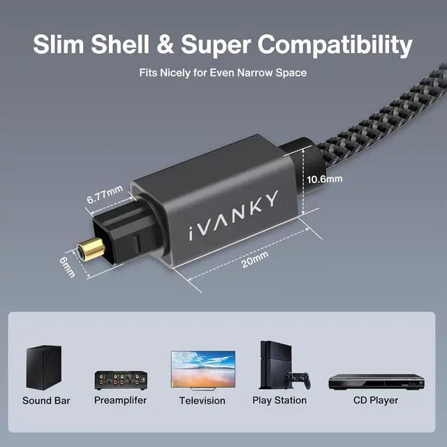 Alt view image 5 of 7 - Optical Audio Cable 6ft/1.8M Long Digital Audio Optical Cable for Soundbar, S/PDIF Toslink Fiber Optic Cord [Braided, Gold-Plated Connectors, CL3 Rated] for TV, Home Cinema, Xbox/PS4, Sonos