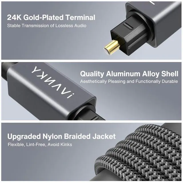 Alt view image 3 of 7 - Optical Audio Cable 6ft/1.8M Long Digital Audio Optical Cable for Soundbar, S/PDIF Toslink Fiber Optic Cord [Braided, Gold-Plated Connectors, CL3 Rated] for TV, Home Cinema, Xbox/PS4, Sonos