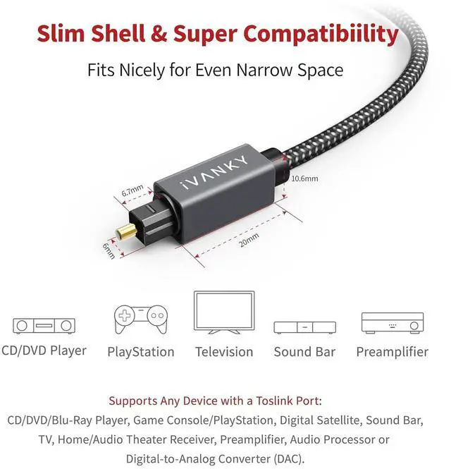 Alt view image 7 of 7 - Optical Audio Cable 6ft/1.8M Long Digital Audio Optical Cable for Soundbar, S/PDIF Toslink Fiber Optic Cord [Braided, Gold-Plated Connectors, CL3 Rated] for TV, Home Cinema, Xbox/PS4, Sonos