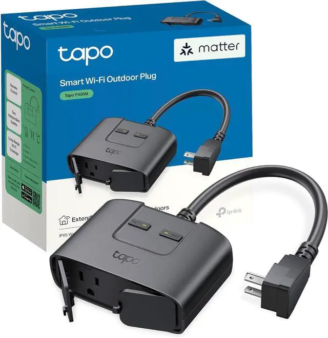 Main image of TP-Link Tapo Matter Outdoor Smart Plug, 2 Individual outlets, IP65 Weather Resistance, Works with Apple Home, Alexa, Google Home, Long Wi-Fi Range, 2.4G Wi-Fi Only, ETL Certified