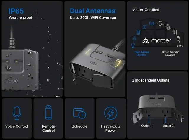 Alt view image 3 of 7 - TP-Link Tapo Matter Outdoor Smart Plug, 2 Individual outlets, IP65 Weather Resistance, Works with Apple Home, Alexa, Google Home, Long Wi-Fi Range, 2.4G Wi-Fi Only, ETL Certified