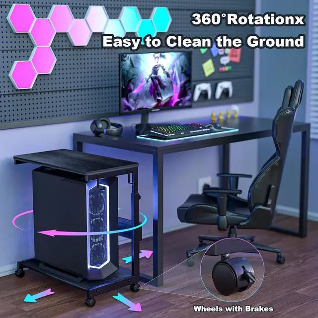 Alt view image 4 of 7 - Height Adjustable Computer Tower Stand with Charge Station and USB Charging Port, 2-Tier ATX-Case Cart, Under Desk Mobile PC Stand, CPU Holder Cart with Locking Caster Wheels for Fits Most PC (Black)