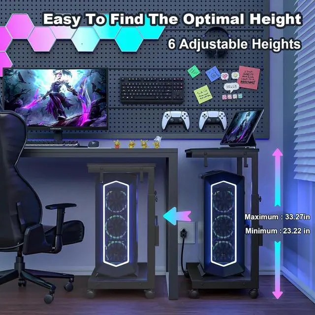Alt view image 3 of 7 - Height Adjustable Computer Tower Stand with Charge Station and USB Charging Port, 2-Tier ATX-Case Cart, Under Desk Mobile PC Stand, CPU Holder Cart with Locking Caster Wheels for Fits Most PC (Black)