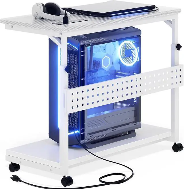 Main image of Computer Tower Stand with Power Strips, Height Adjustable PC Tower Stand/Cart with Wheels, Mobile Rolling CPU Holder, Computer Cart Side Stand for Computer Desk, 32", Carbon Fiber White