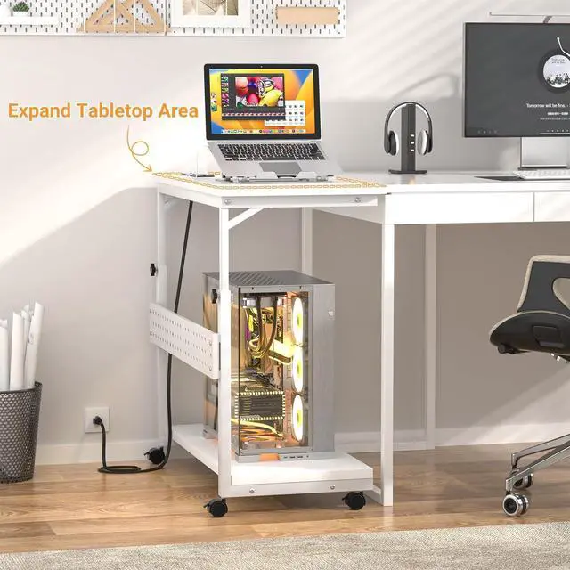 Alt view image 2 of 7 - Computer Tower Stand with Power Strips, Height Adjustable PC Tower Stand/Cart with Wheels, Mobile Rolling CPU Holder, Computer Cart Side Stand for Computer Desk, 32", Carbon Fiber White
