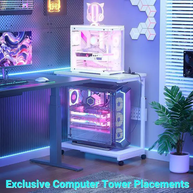 Alt view image 6 of 7 - Computer Tower Stand with Power Strips, Height Adjustable PC Tower Stand/Cart with Wheels, Mobile Rolling CPU Holder, Computer Cart Side Stand for Computer Desk, 32", Carbon Fiber White