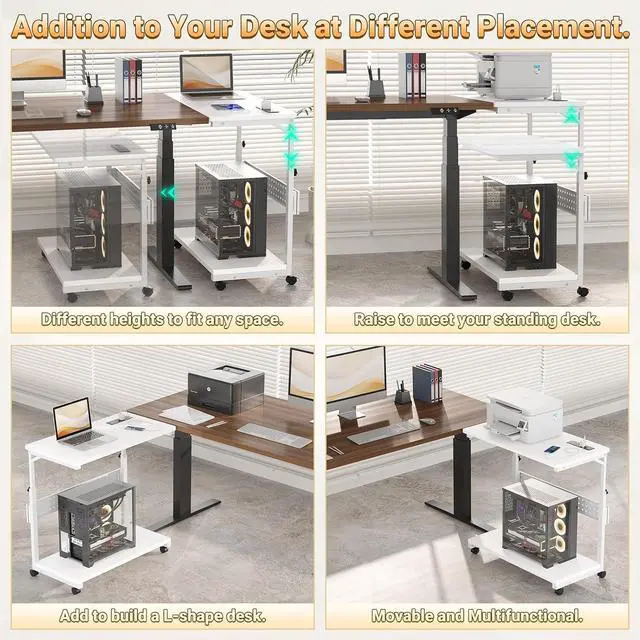 Alt view image 4 of 7 - Computer Tower Stand with Power Strips, Height Adjustable PC Tower Stand/Cart with Wheels, Mobile Rolling CPU Holder, Computer Cart Side Stand for Computer Desk, 32", Carbon Fiber White