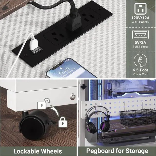 Alt view image 5 of 7 - Computer Tower Stand with Power Strips, Height Adjustable PC Tower Stand/Cart with Wheels, Mobile Rolling CPU Holder, Computer Cart Side Stand for Computer Desk, 32", Carbon Fiber White