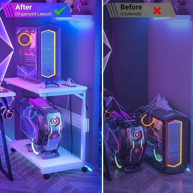 Alt view image 7 of 7 - Computer Tower Stand with Power Strips, Height Adjustable PC Tower Stand/Cart with Wheels, Mobile Rolling CPU Holder, Computer Cart Side Stand for Computer Desk, 32", Carbon Fiber White