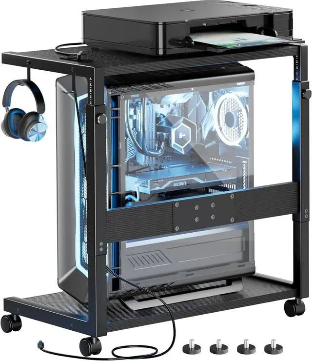 Main image of PC Tower Stand - Adjustable Computer Tower Stand with Charging Station CPU Holder with Wheels for Home Office Gaming, Upgraded Larger Size 25.9" to 34.9" Height