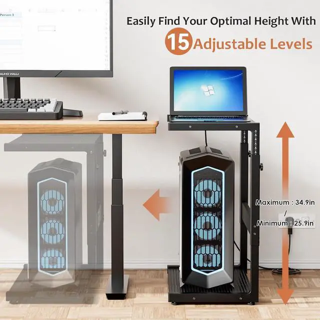 Alt view image 4 of 5 - PC Tower Stand - Adjustable Computer Tower Stand with Charging Station CPU Holder with Wheels for Home Office Gaming, Upgraded Larger Size 25.9" to 34.9" Height
