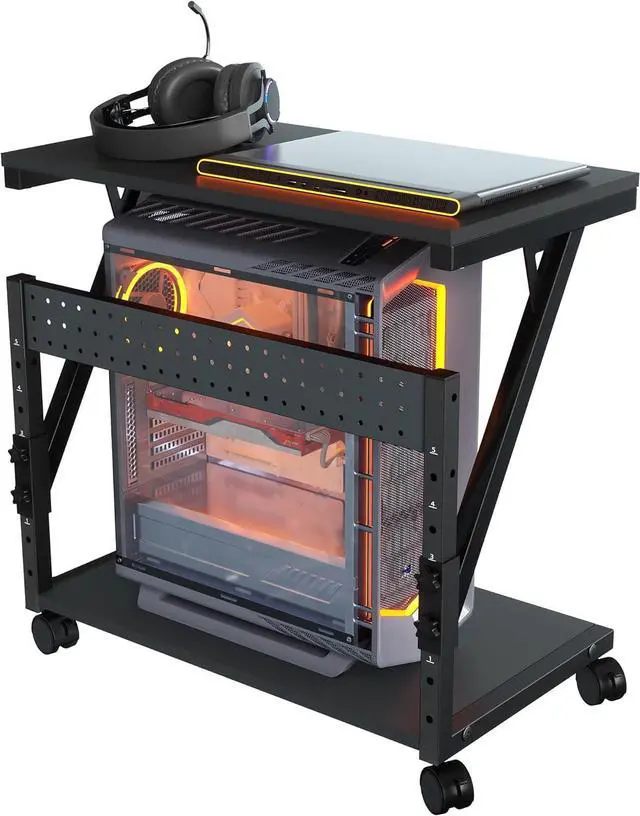 Main image of Computer Tower Cart - Height Adjustable PC Stand, 2-Tier ATX-Case CPU Holder Home Office Gaming Desk Accessories with Rolling Lockable Wheels, Laptop Table Standing Computer Desk, Rustic Black