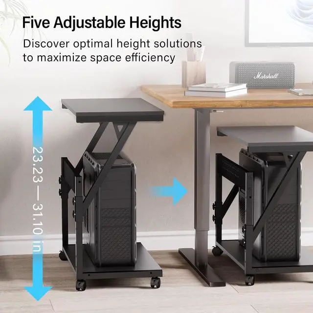 Alt view image 2 of 7 - Computer Tower Cart - Height Adjustable PC Stand, 2-Tier ATX-Case CPU Holder Home Office Gaming Desk Accessories with Rolling Lockable Wheels, Laptop Table Standing Computer Desk, Rustic Black