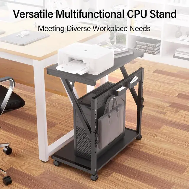 Alt view image 4 of 7 - Computer Tower Cart - Height Adjustable PC Stand, 2-Tier ATX-Case CPU Holder Home Office Gaming Desk Accessories with Rolling Lockable Wheels, Laptop Table Standing Computer Desk, Rustic Black