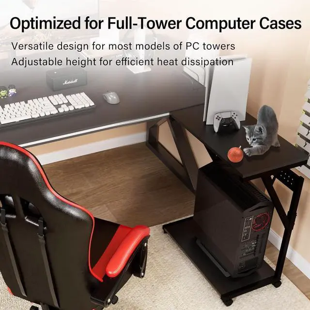 Alt view image 5 of 7 - Computer Tower Cart - Height Adjustable PC Stand, 2-Tier ATX-Case CPU Holder Home Office Gaming Desk Accessories with Rolling Lockable Wheels, Laptop Table Standing Computer Desk, Rustic Black