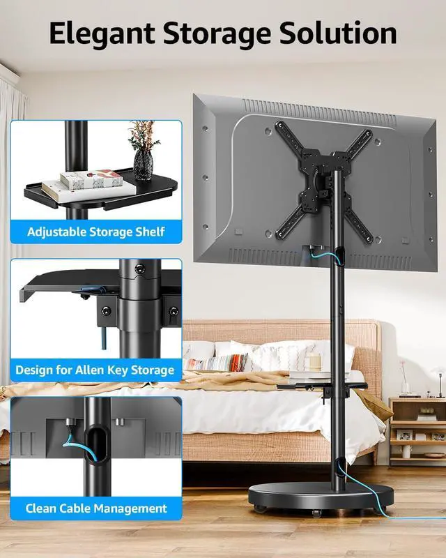 Alt view image 7 of 7 - Rolling Mobile TV Cart for 32-65 Inch TVs, Rotatable Floor TV Stand Compatible with The Frame TVs - 90° Landscape to Portrait, Height Adjustable TV Cart on Wheels, Max VESA 400x400mm