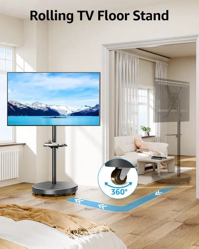 Alt view image 5 of 7 - Rolling Mobile TV Cart for 32-65 Inch TVs, Rotatable Floor TV Stand Compatible with The Frame TVs - 90° Landscape to Portrait, Height Adjustable TV Cart on Wheels, Max VESA 400x400mm