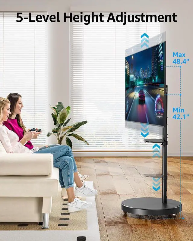 Alt view image 4 of 7 - Rolling Mobile TV Cart for 32-65 Inch TVs, Rotatable Floor TV Stand Compatible with The Frame TVs - 90° Landscape to Portrait, Height Adjustable TV Cart on Wheels, Max VESA 400x400mm