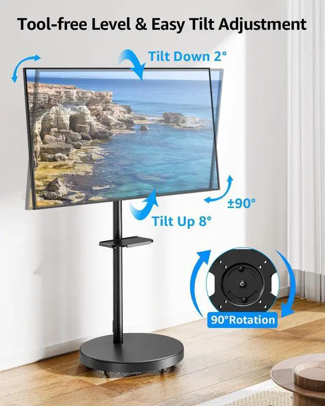 Alt view image 2 of 7 - Rolling Mobile TV Cart for 32-65 Inch TVs, Rotatable Floor TV Stand Compatible with The Frame TVs - 90° Landscape to Portrait, Height Adjustable TV Cart on Wheels, Max VESA 400x400mm