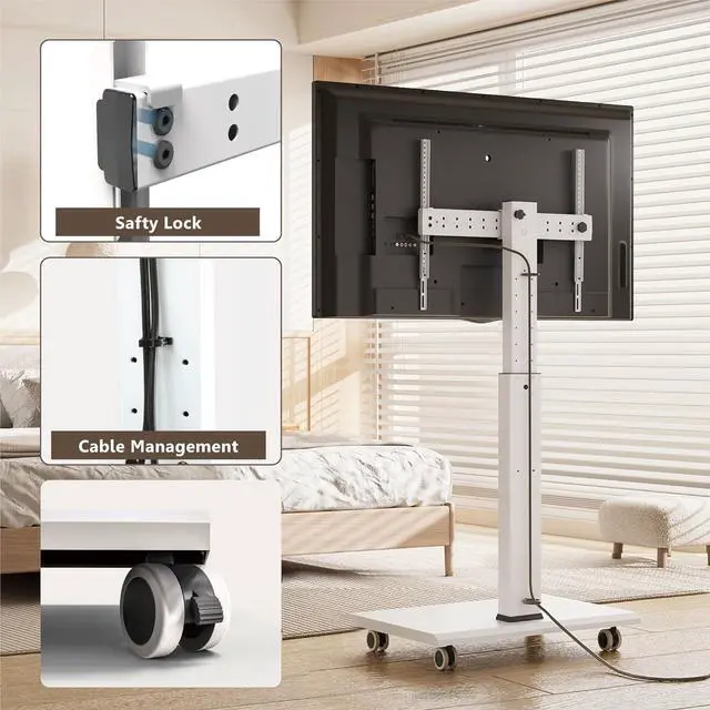 Alt view image 6 of 7 - Rolling TV Stand - Portable Mobile TV Cart on Wheels for 32 to 65 70 75 Inch TVs, Landscape to Portrait Rotating and 40°Swivel, Height Adjustable TV Cart Rolling TV Stand Hold Up to 88 Lbs - White