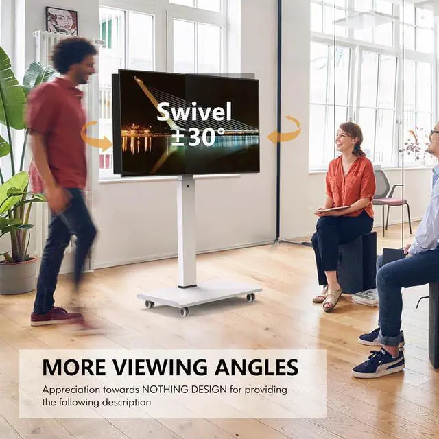Alt view image 5 of 7 - Rolling TV Stand - Portable Mobile TV Cart on Wheels for 32 to 65 70 75 Inch TVs, Landscape to Portrait Rotating and 40°Swivel, Height Adjustable TV Cart Rolling TV Stand Hold Up to 88 Lbs - White