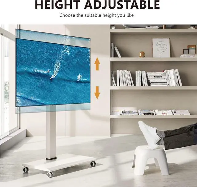 Alt view image 4 of 7 - Rolling TV Stand - Portable Mobile TV Cart on Wheels for 32 to 65 70 75 Inch TVs, Landscape to Portrait Rotating and 40°Swivel, Height Adjustable TV Cart Rolling TV Stand Hold Up to 88 Lbs - White