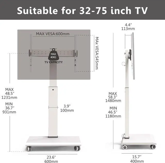 Alt view image 7 of 7 - Rolling TV Stand - Portable Mobile TV Cart on Wheels for 32 to 65 70 75 Inch TVs, Landscape to Portrait Rotating and 40°Swivel, Height Adjustable TV Cart Rolling TV Stand Hold Up to 88 Lbs - White