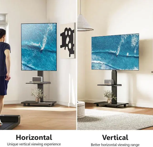 Alt view image 2 of 7 - Rolling TV Stand for 32-75 Inch TVs - Mobile TV Cart with Wheels, Swivel and Vertical and Horizontal Rotation, Portable TV Stand on Wheels up to 88lbs