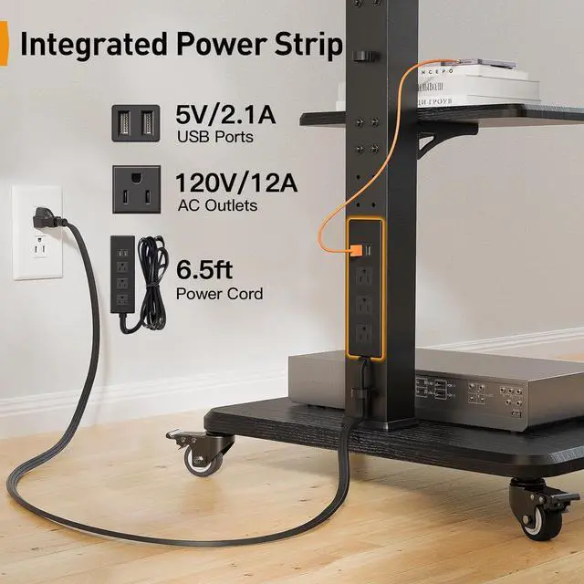 Alt view image 2 of 7 - Mobile TV Stand with Power Outlet, Tilt & Swivel Rolling TV Cart for 32 to 65 70 75 inch TVs up to 110 lbs, Height Adjustable Rolling TV Stand with Wheels, Max VESA 600x400mm
