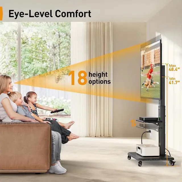 Alt view image 6 of 7 - Mobile TV Stand with Power Outlet, Tilt & Swivel Rolling TV Cart for 32 to 65 70 75 inch TVs up to 110 lbs, Height Adjustable Rolling TV Stand with Wheels, Max VESA 600x400mm