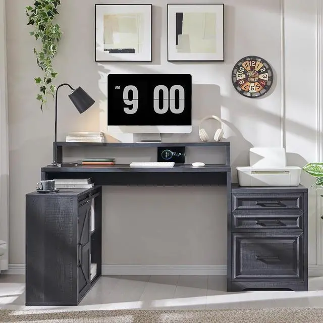 Alt view image 4 of 6 - 67" Home Office Desk, Modern Farmhouse Computer Desk with File Cabinet Letter T4 F4 Legal, Study Writing Desk, 67 Inch, Cool Black