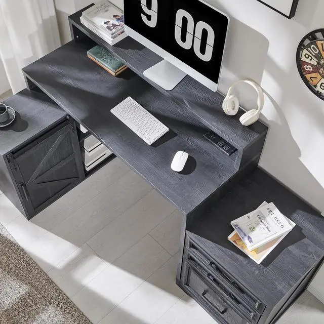 Alt view image 5 of 6 - 67" Home Office Desk, Modern Farmhouse Computer Desk with File Cabinet Letter T4 F4 Legal, Study Writing Desk, 67 Inch, Cool Black