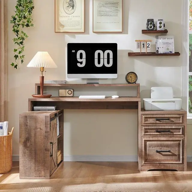 Alt view image 3 of 6 - 67" Home Office Desk, Modern Farmhouse Computer Desk with File Cabinet Letter T4 F4 Legal, Study Writing Desk, 67 Inch, Cool Black